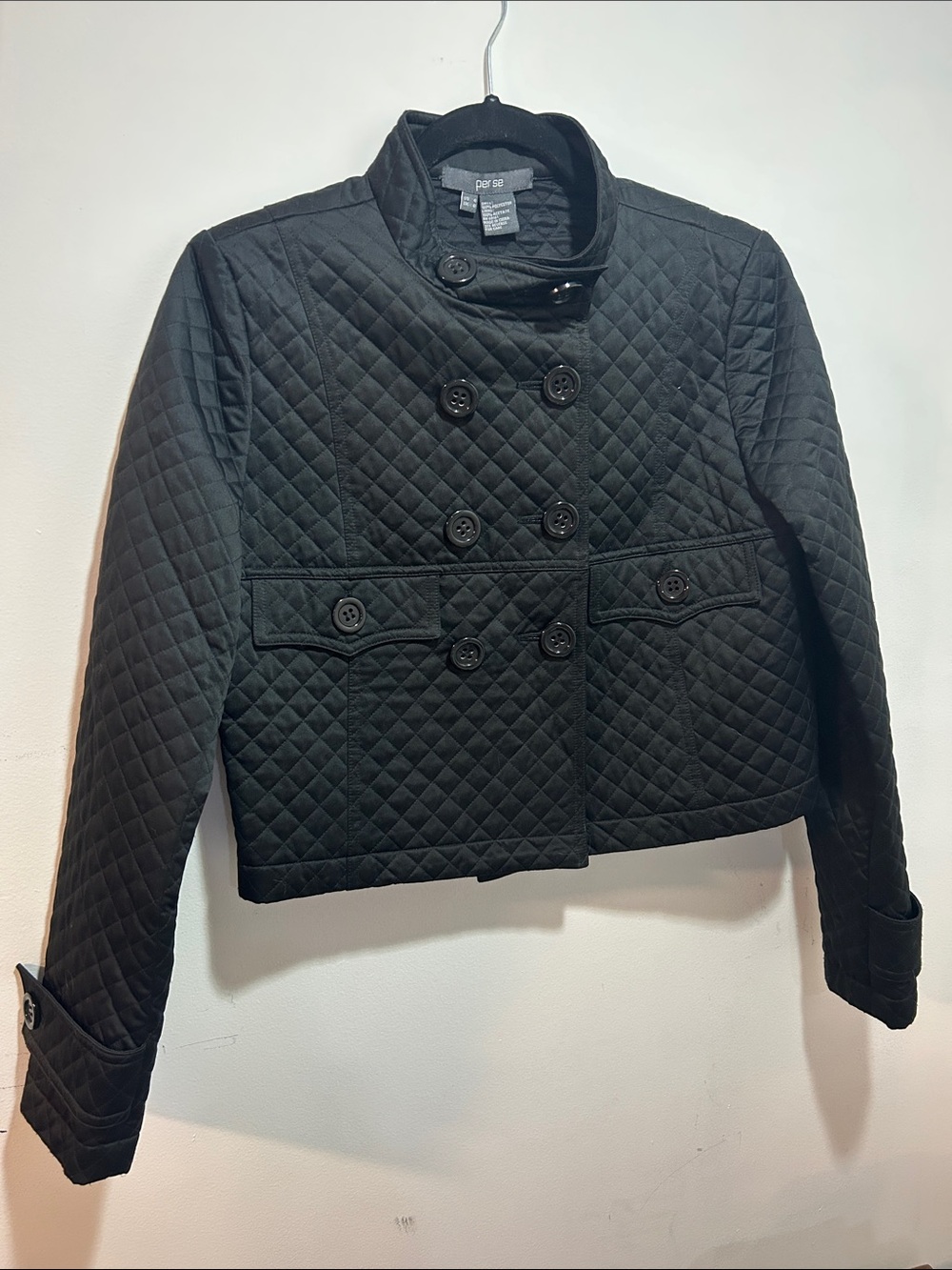 Per Se Black Quilted Double-Breasted Pea Coat